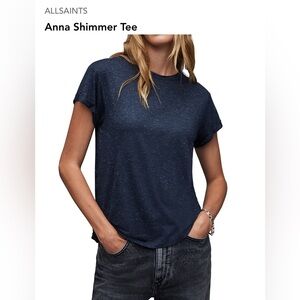 All Saints Anna shimmer tee in deep blue. Soft drape, elevated casual.